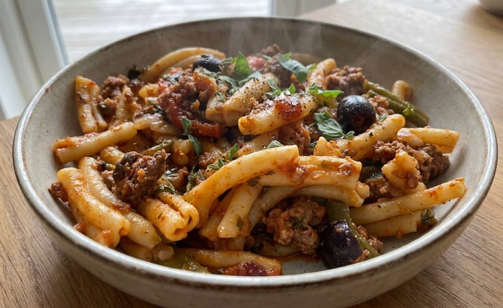 Beef Pasta with Tomato Sauce and Vegetables