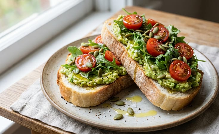Avocado Toast with Arugula, Cherry Tomatoes, and Pumpkin Seeds
