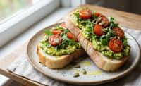 Avocado Toast with Arugula, Cherry Tomatoes, and Pumpkin Seeds