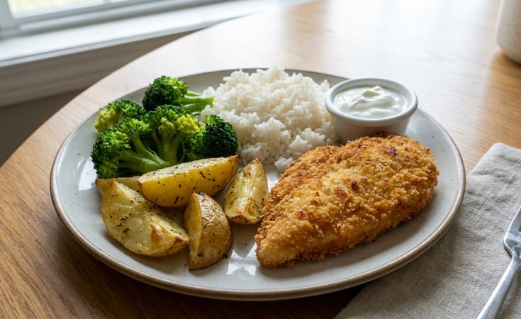Breaded Chicken with Rice, Broccoli, and Roasted Potatoes