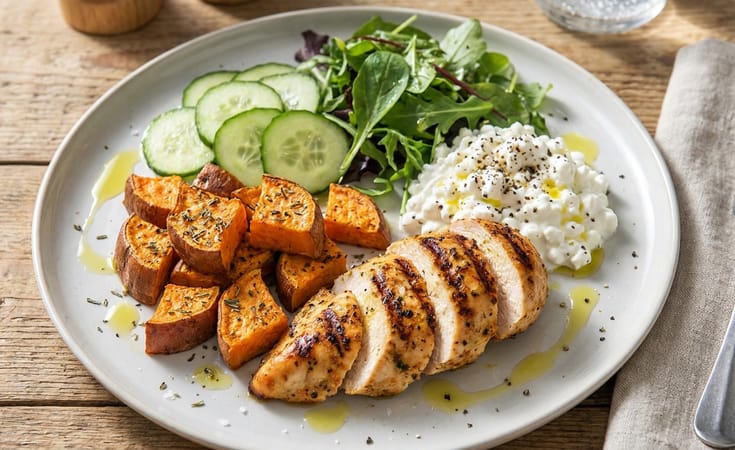 Grilled Chicken Breast with Roasted Sweet Potato, Cottage Cheese, Cucumber, and Leafy Greens