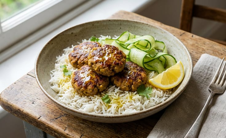 Basmati Rice with Spiced Beef Patties, Cucumber, and Lemon Oil