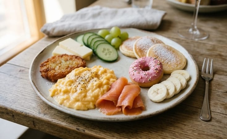 Brunch Plate with Smoked Salmon, Soft Scrambled Eggs, Mini Donut, and Mini Pancakes