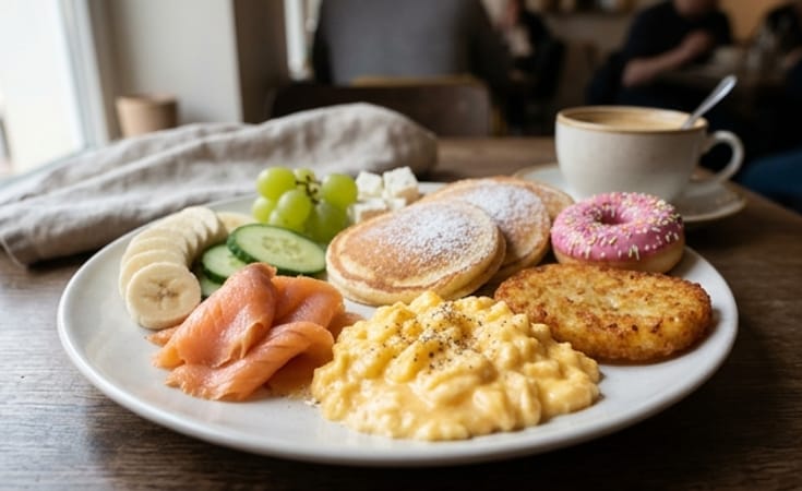 Composed Breakfast Plate with Smoked Salmon, Soft Eggs, Mini Pancakes, and Pink-Glazed Donut