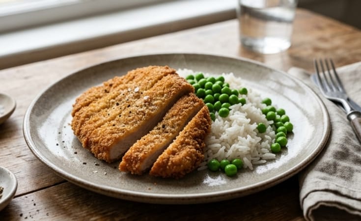 Breaded Pork Cutlet with Steamed White Rice and Butterless Peas
