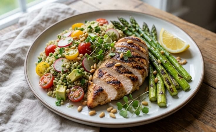 Grilled Chicken Breast with Quinoa, Asparagus, Basil Pesto, and Lemon