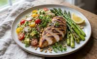 Grilled Chicken Breast with Quinoa, Asparagus, Basil Pesto, and Lemon
