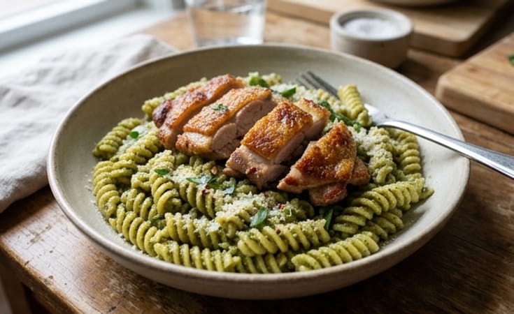 Rotini with Basil Pesto and Crisp Roast Chicken Thigh