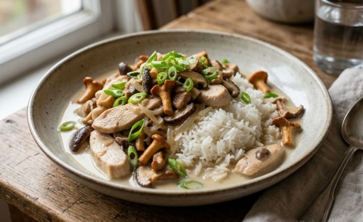 Chicken and Wild Mushrooms in Light Cream Sauce with Steamed White Rice