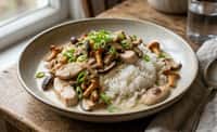 Chicken and Wild Mushrooms in Light Cream Sauce with Steamed White Rice