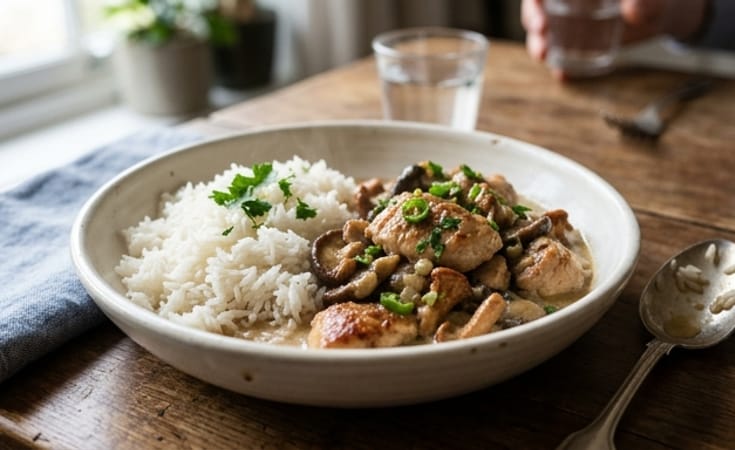 Chicken and Wild Mushroom Fricassée with Cream Sauce and Steamed White Rice