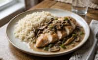 Supreme Chicken with Wild Mushroom Cream, Basmati Rice, and Green Pepper