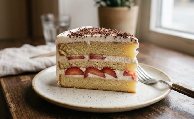 Vanilla Layer Cake with Strawberry, Whipped Cream, and Chocolate Sprinkles