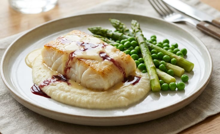 Cod with Beurre Blanc, Cauliflower Purée, Asparagus and Peas