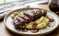 Steak with Mashed Potatoes and Red Wine Pan Sauce