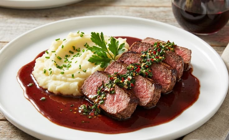 Steak with Mashed Potatoes and Red Wine Sauce