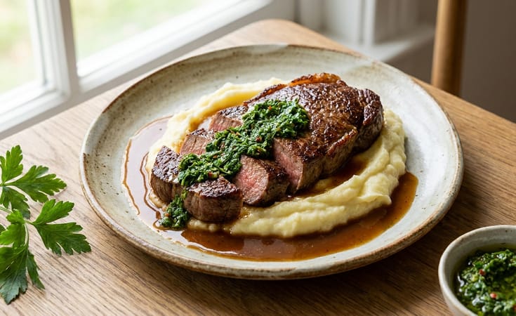 Steak with Mashed Potatoes and Chimichurri