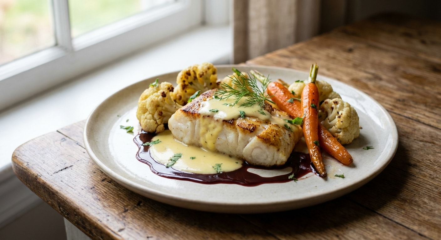 Cod with Beurre Blanc, Red Wine Reduction, and Spring Vegetables