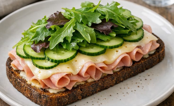 Tereyağlı çavdar ekmeğinde açık jambonlu, peynirli ve salatalıklı sandviç