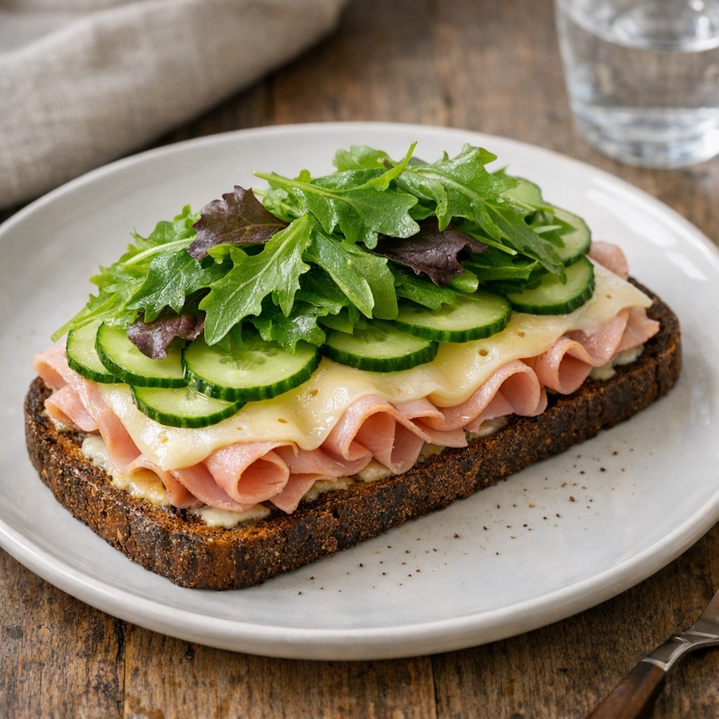 Open-Faced Ham, Swiss, Cucumber, and Greens on Rye