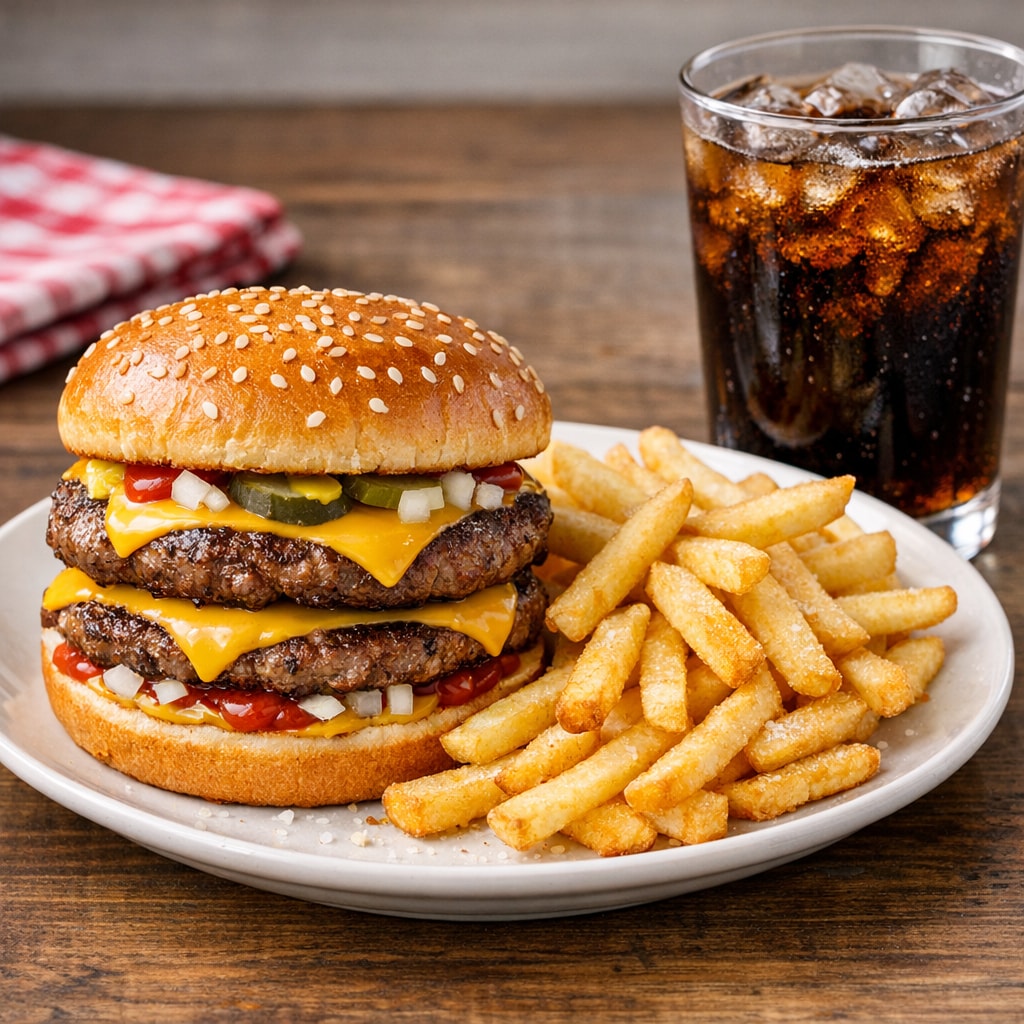Classic Double Cheeseburger Meal with Fries and Soft Drink