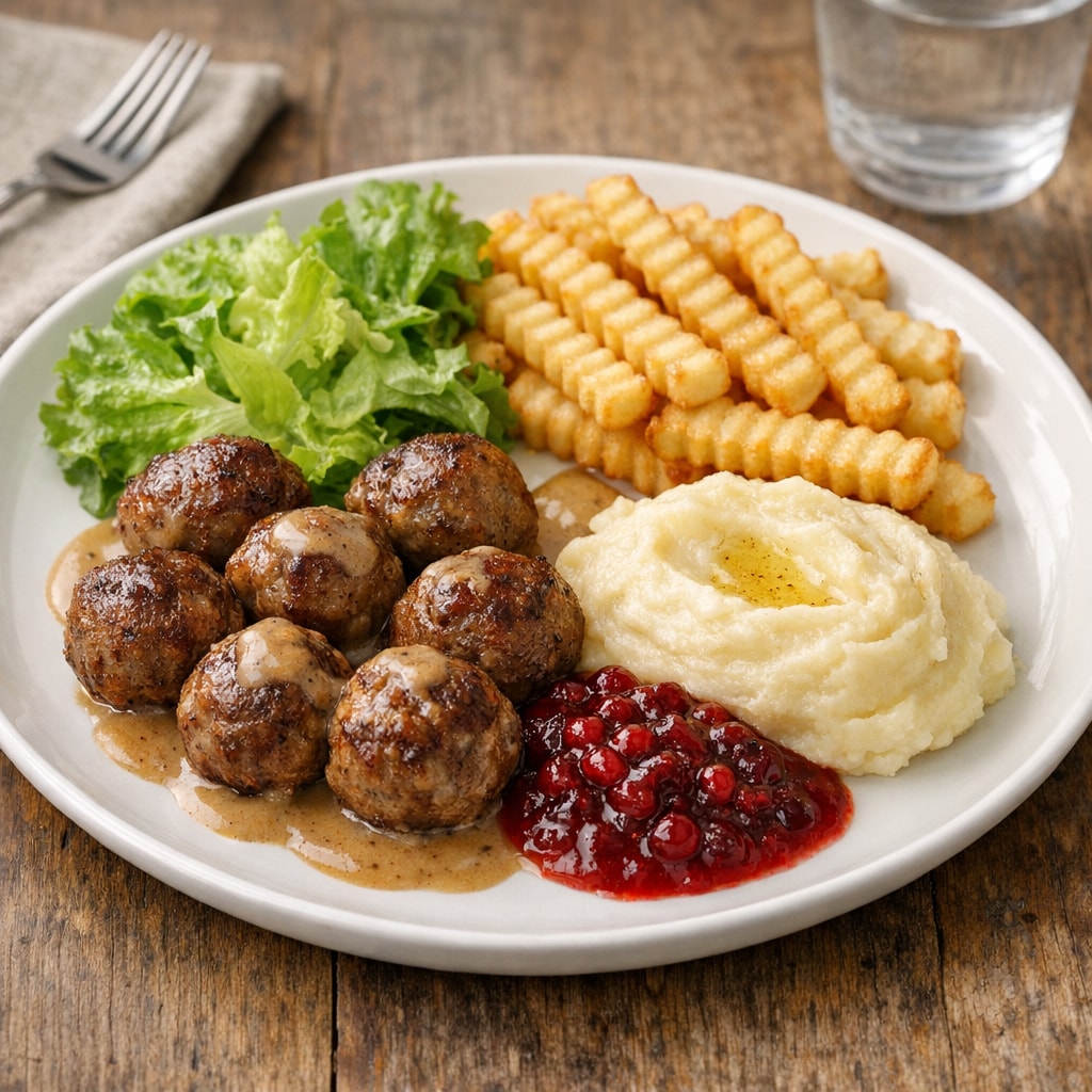 Swedish Meatballs with Crinkle-Cut Fries, Mashed Potato, Lingonberry Sauce, and Lettuce