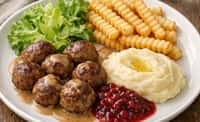 Swedish Meatballs with Crinkle-Cut Fries, Mashed Potato, Lingonberry Sauce, and Lettuce