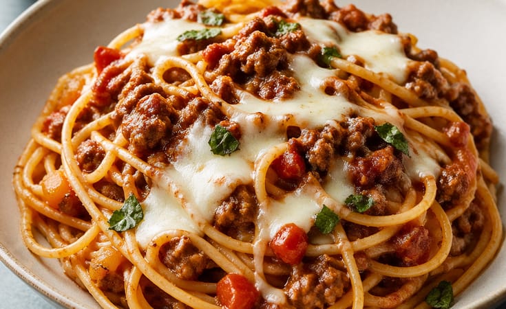 Kıymalı soslu ve eritilmiş peynirli spagetti