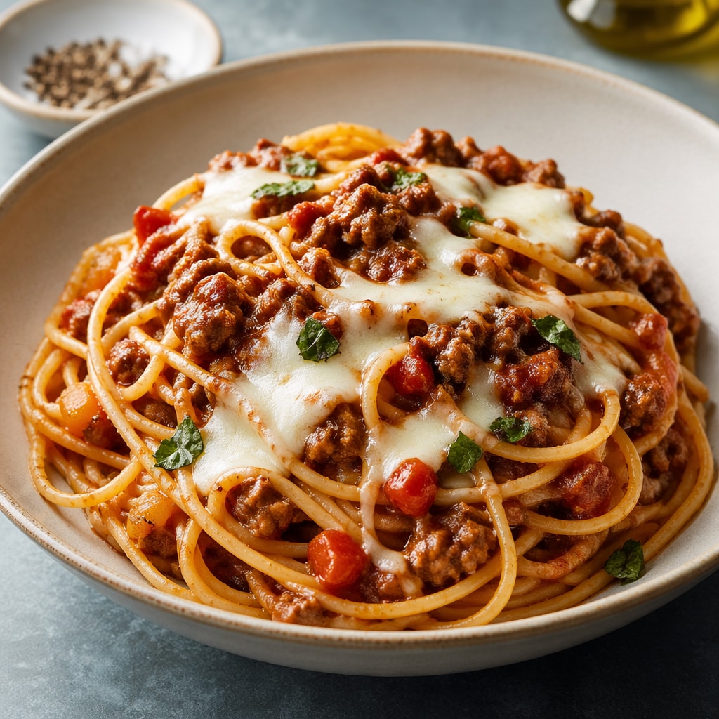 Spaghetti with Beef Ragù and Melted Mozzarella