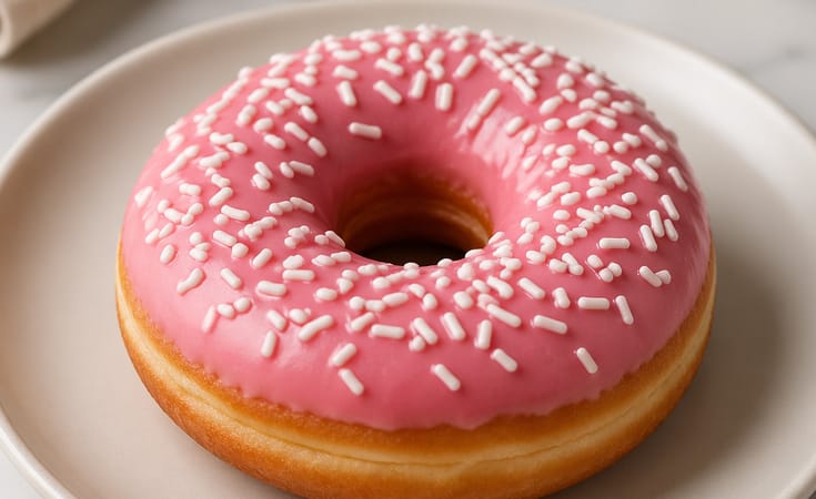 Pembe glazürlü ve beyaz şekerlemeli mayalı donut