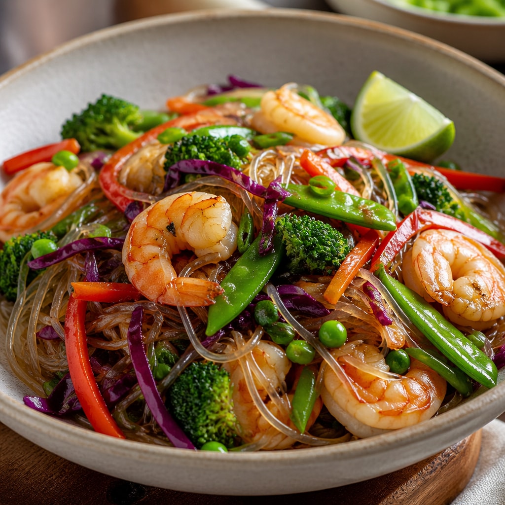 Glass Noodles with Shrimp, Spring Vegetables, and Lime