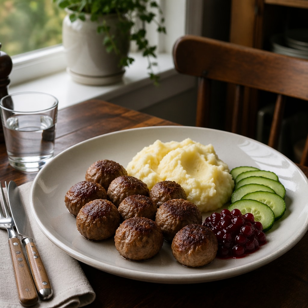 Swedish Meatballs with Buttery Mash, Cucumber, and Lingonberry