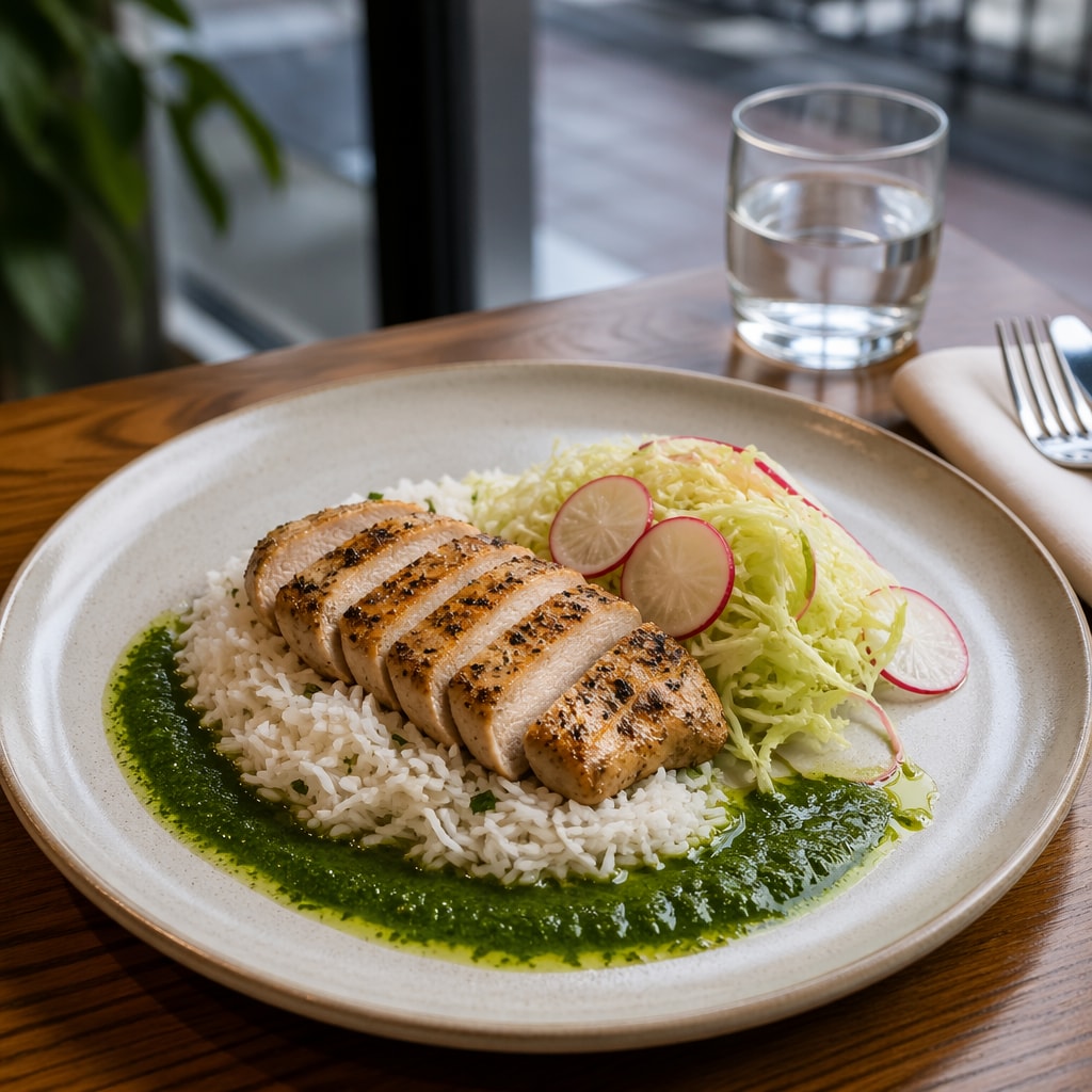 Herb Chicken with Basmati Rice, Radish, Cabbage, and Green Oil Sauce
