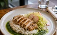 Herb Chicken with Basmati Rice, Radish, Cabbage, and Green Oil Sauce