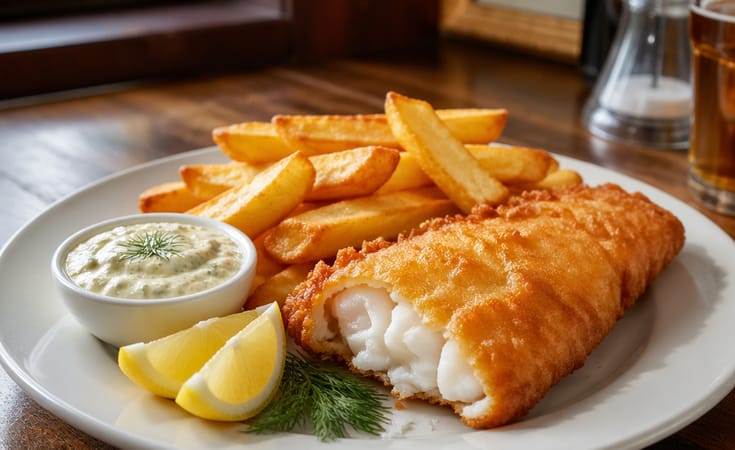 Bira hamurlu fish and chips, tartar sos, limon ve dereotuyla