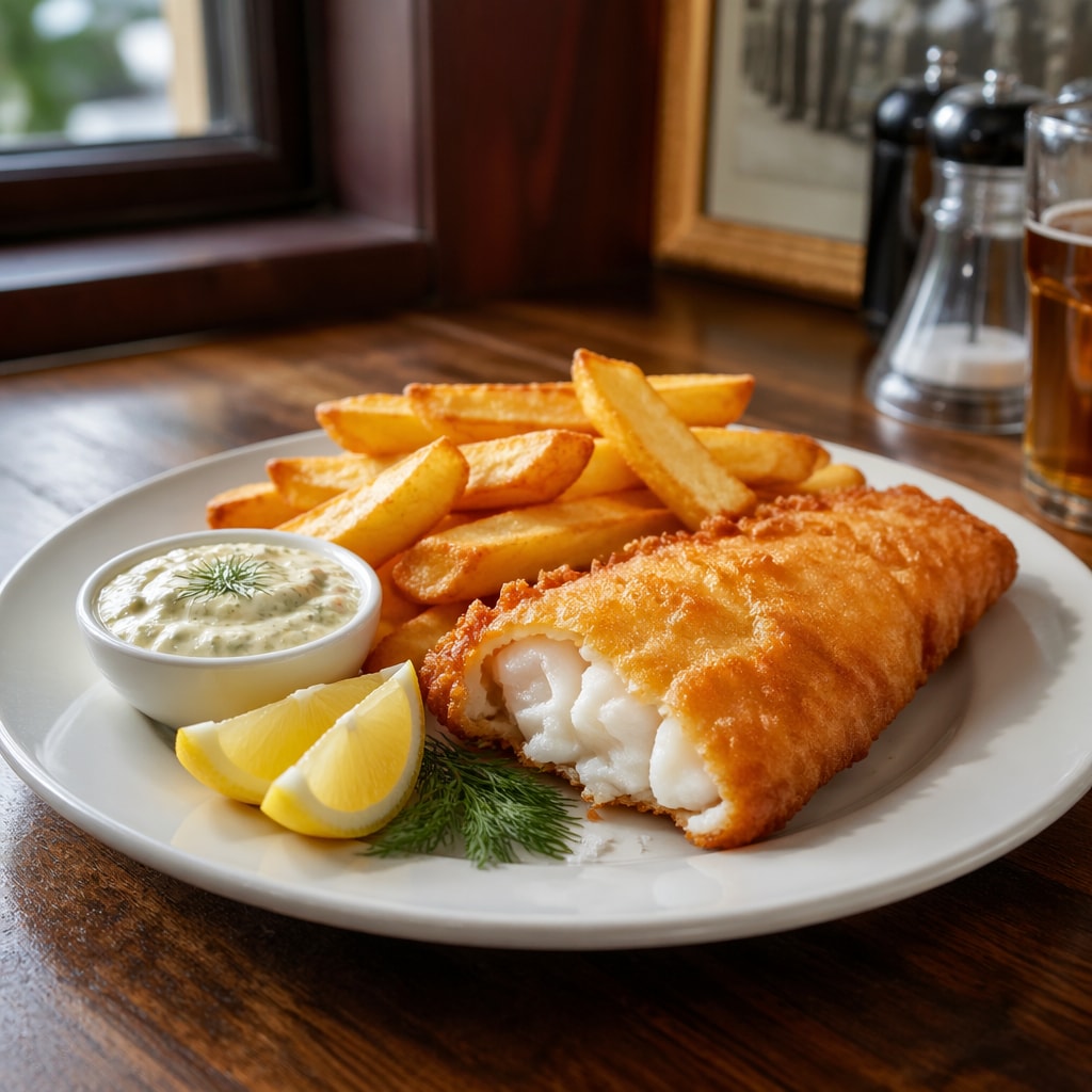 Beer-Battered Cod with Triple-Cooked Chips, Tartar Sauce, Lemon, and Dill