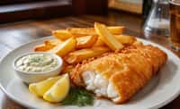 Beer-Battered Cod with Triple-Cooked Chips, Tartar Sauce, Lemon, and Dill