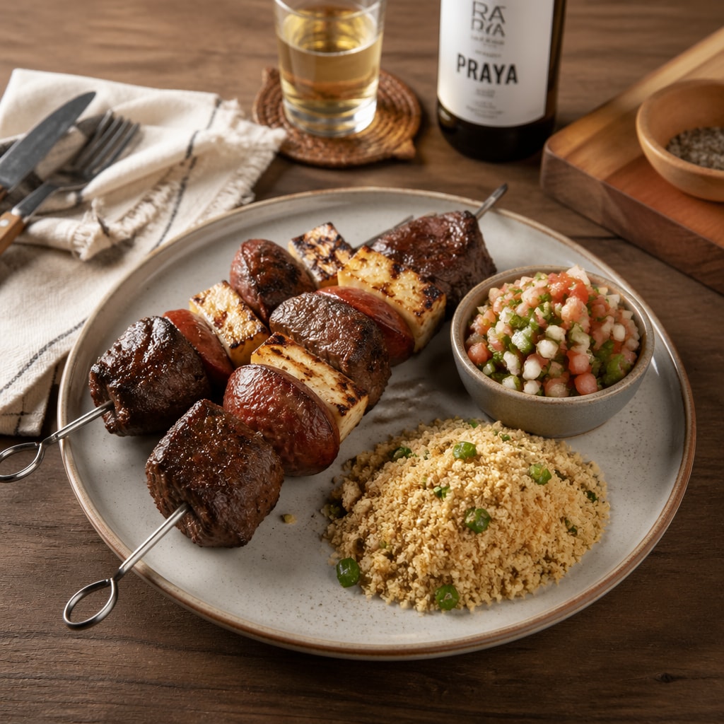 Churrasco Skewers with Vinaigrette Salsa and Farofa