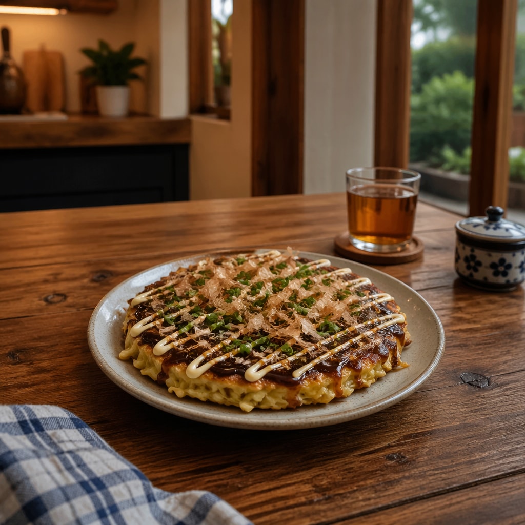 Osaka-Style Okonomiyaki with Pork Belly, Bonito, and Green Onion