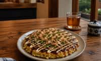 Osaka-Style Okonomiyaki with Pork Belly, Bonito, and Green Onion