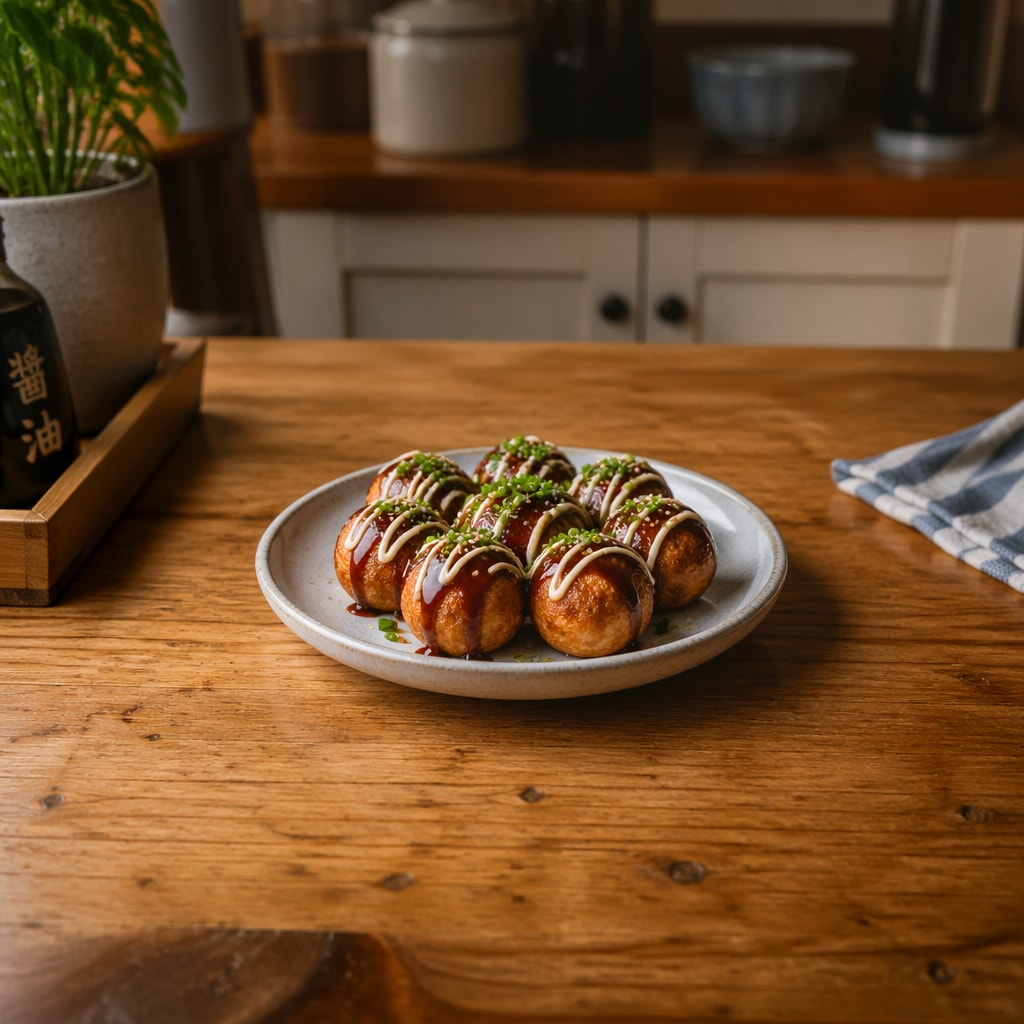 Takoyaki with Takoyaki Sauce, Mayonnaise, Sesame, and Chive