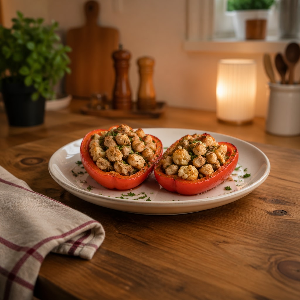 Chicken and Mushroom Stuffed Red Peppers with Cauliflower and Parsley