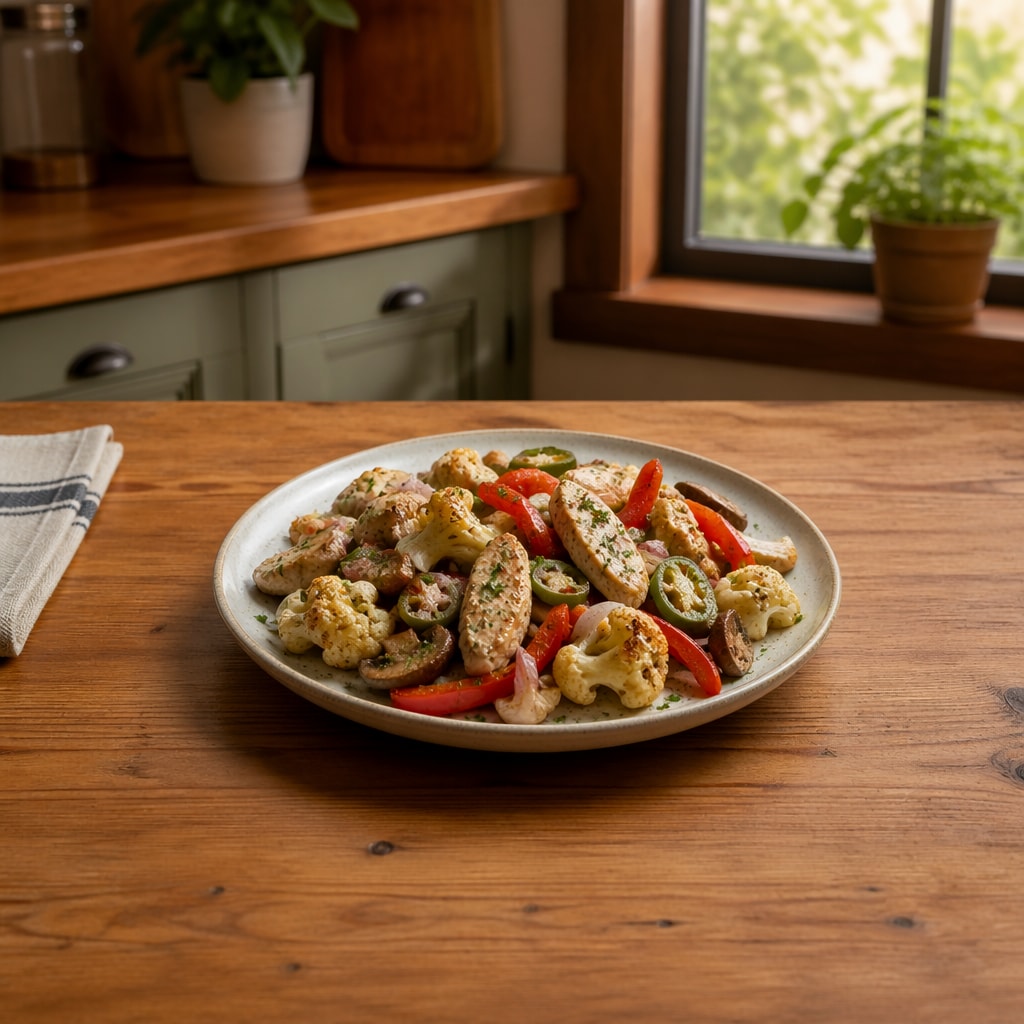 Herb-Roasted Chicken with Cauliflower, Pepper, Mushroom, and Jalapeño