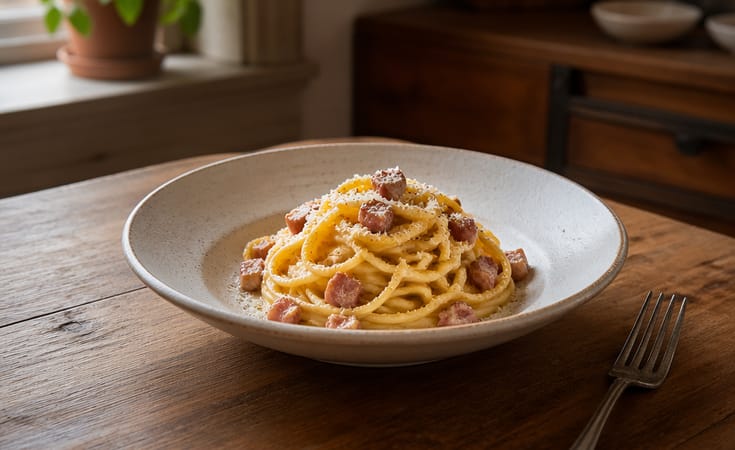 Pancetta ve parmesanlı spagetti carbonara
