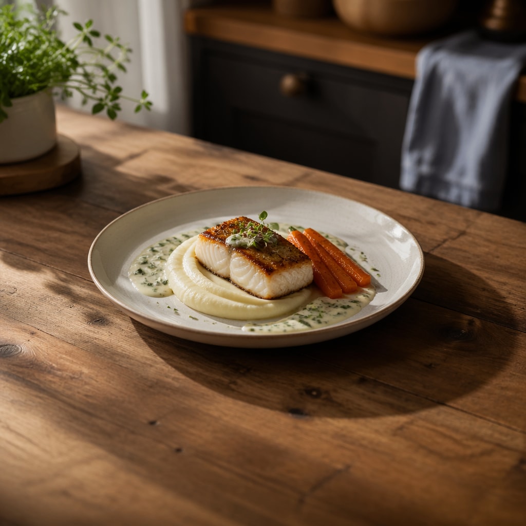 Pan-Seared Cod with Silken Potato Purée, Glazed Carrot, Chive Cream, and Microgreens