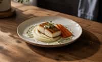 Pan-Seared Cod with Silken Potato Purée, Glazed Carrot, Chive Cream, and Microgreens