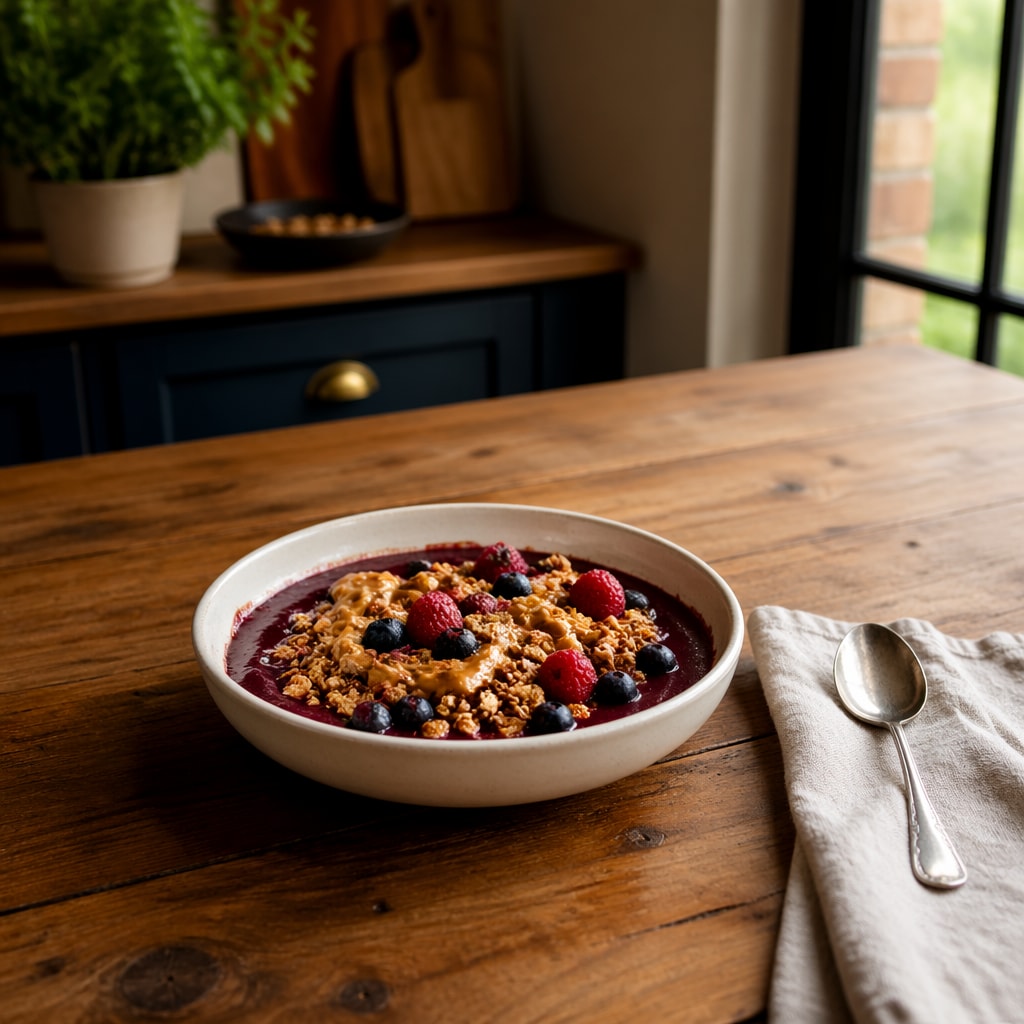 Açaí Bowl with Banana, Peanut Butter, Granola, and Berries