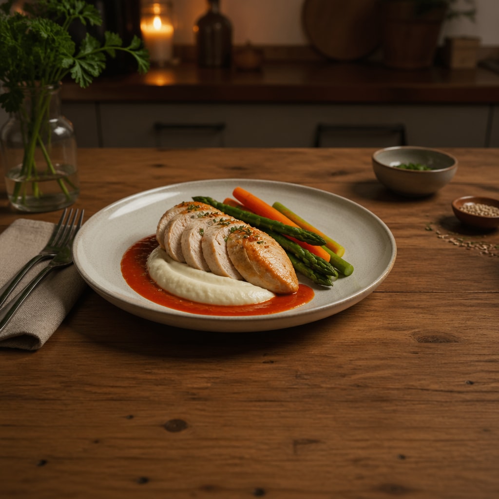 Roasted Chicken Breast with Tomato Glaze, Cauliflower Purée, and Spring Vegetables