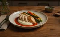 Roasted Chicken Breast with Tomato Glaze, Cauliflower Purée, and Spring Vegetables