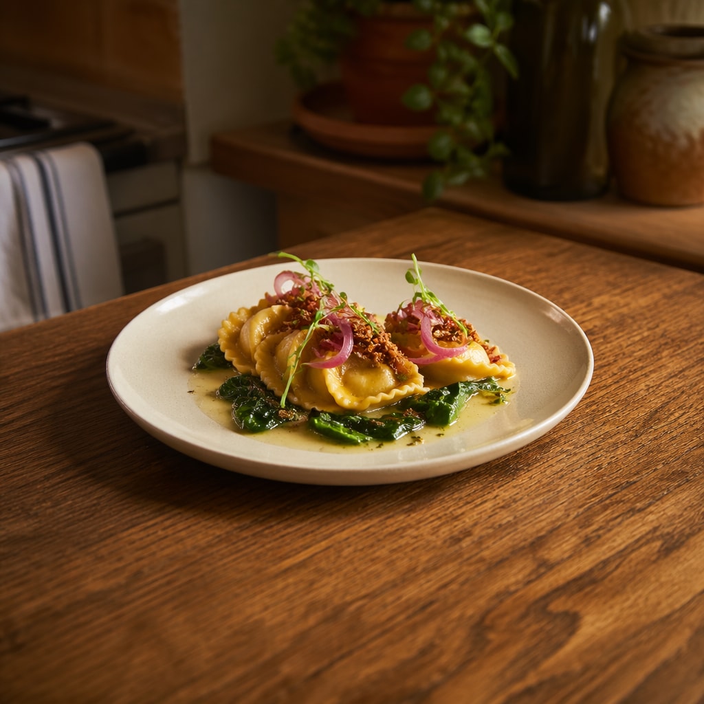 Tortelli of Butternut Squash and Ricotta with Pickled Red Onion, Leafy Greens, Butter Emulsion, and Fried Onion